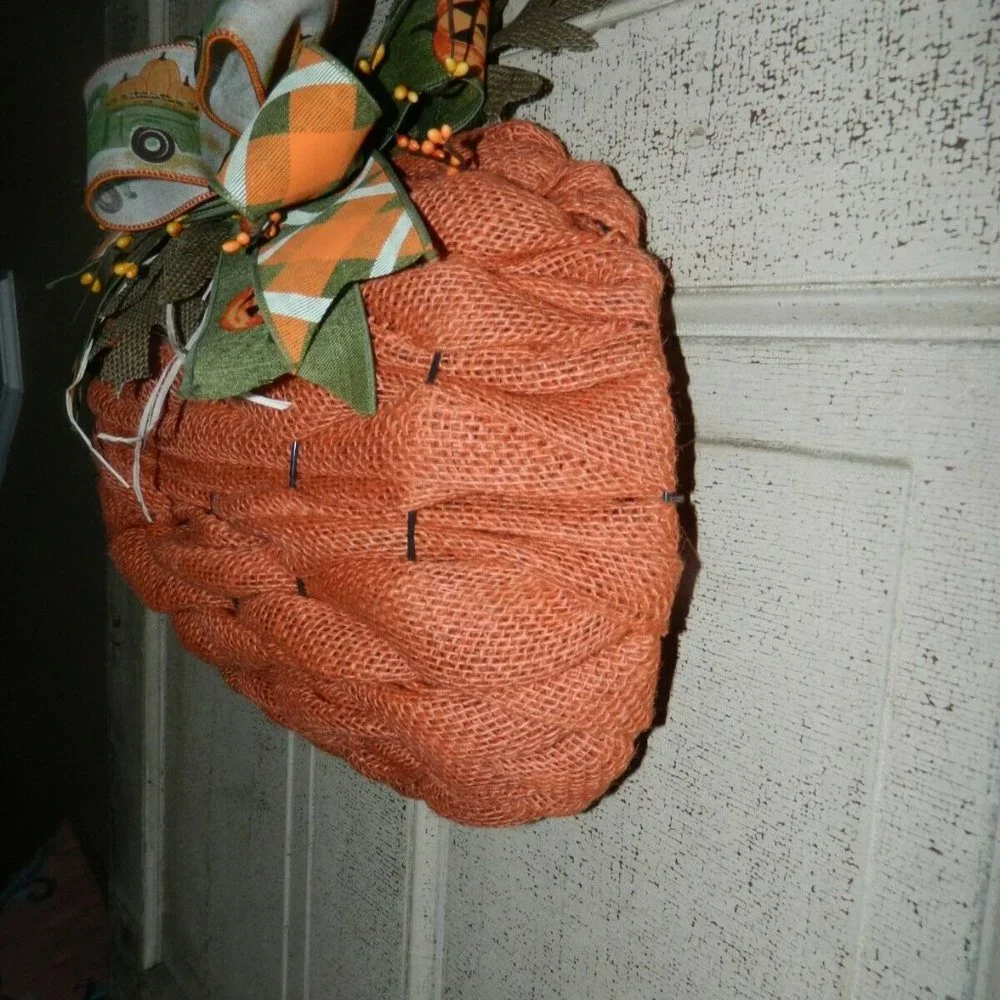 Handmade Halloween Fall 3D Burlap Pumpkin Door Wreath